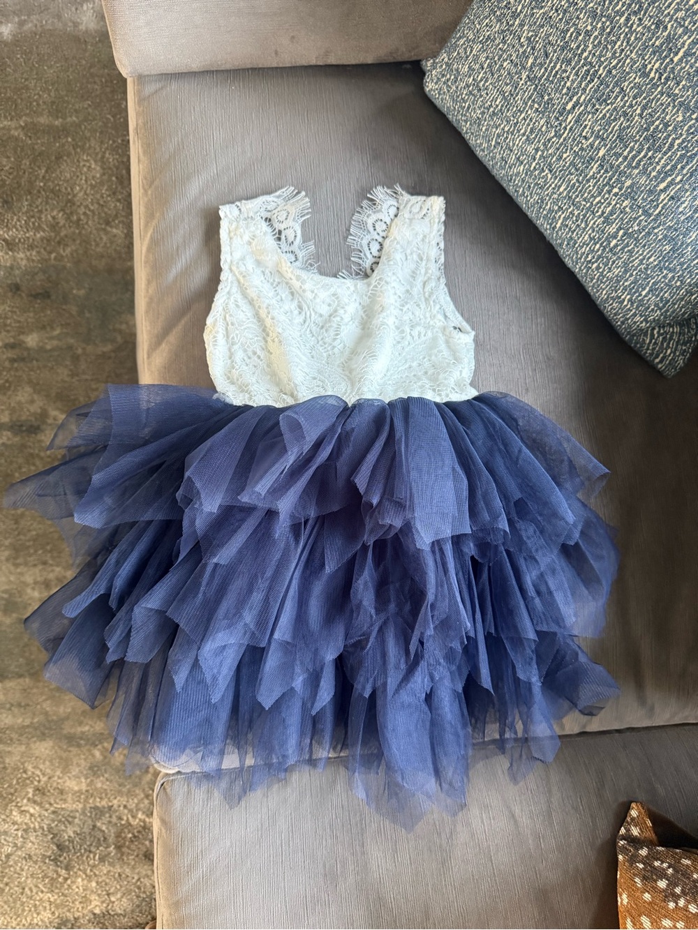 Amazon White Lace Bodice Navy Tulle Ruffle Party Dress